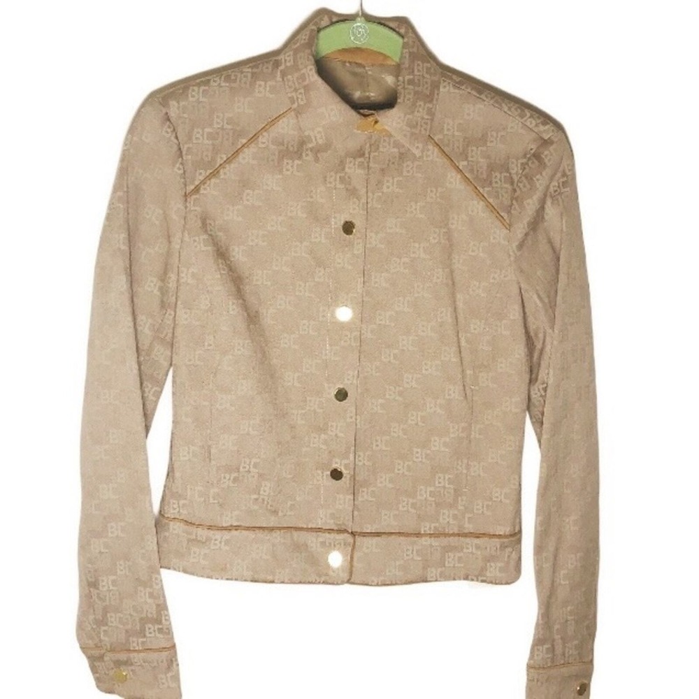 BCBGMaxAzria Y2K Vintage Allover Logo Print Jacket Suede Leather Trim sz 2